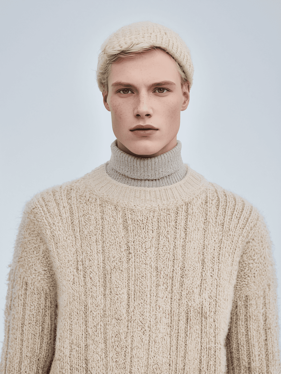 Minimal portrait of a person wearing a beige knit sweater and matching hat against a light neutral background.