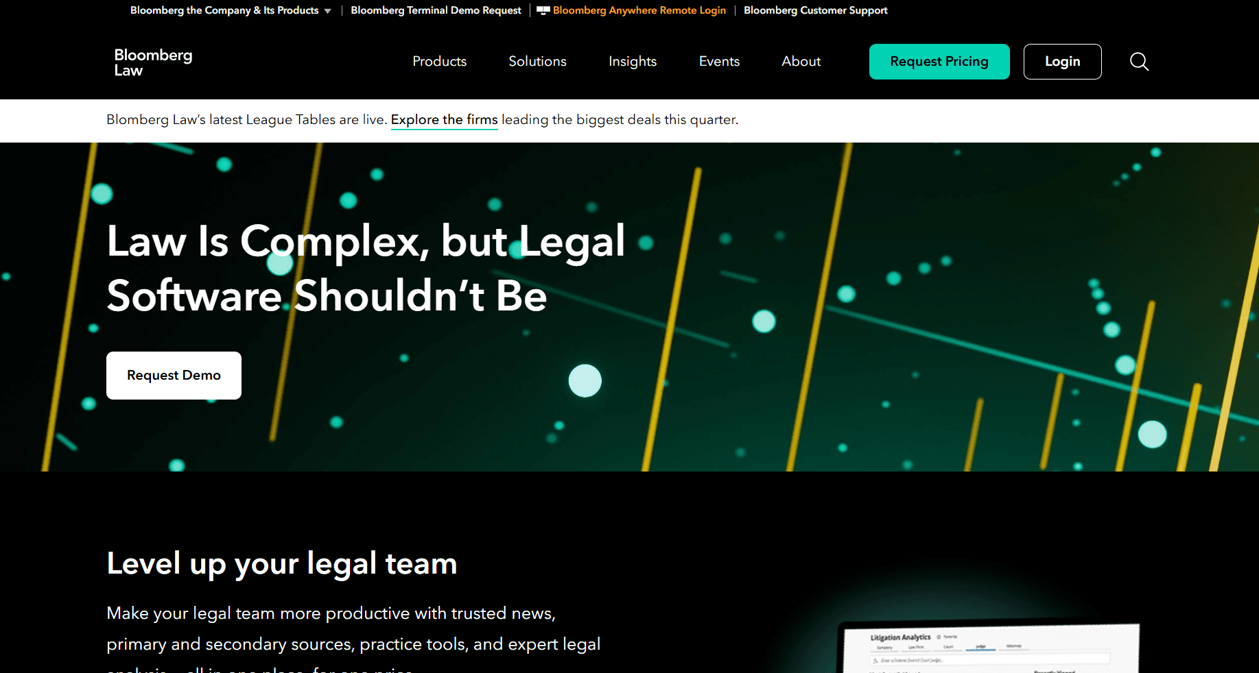 Homepage screenshot of Bloomberg Law featuring the headline “Law Is Complex, but Legal Software Shouldn’t Be” with a request demo button and legal software branding.