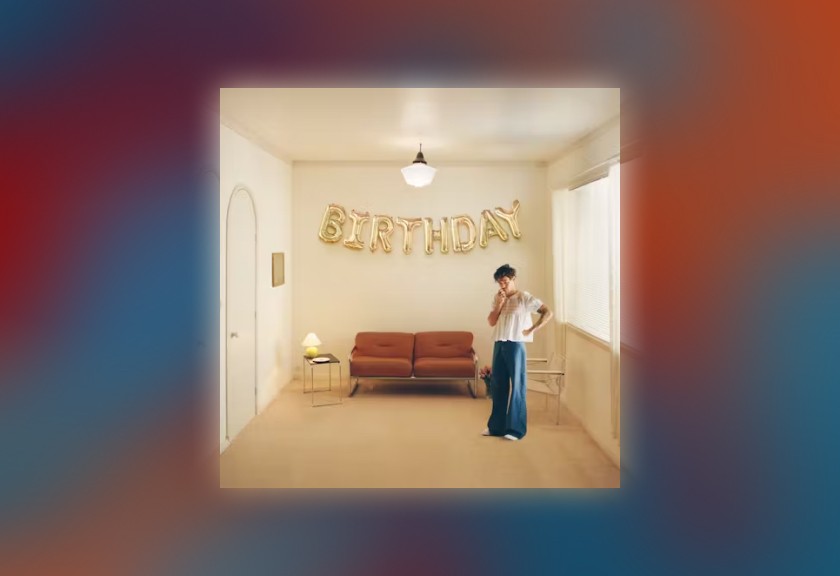  A tropical-themed invite with dreamy pink clouds, palm trees, and the words "Birthday Party" in soft white script, set over a turquoise water background.