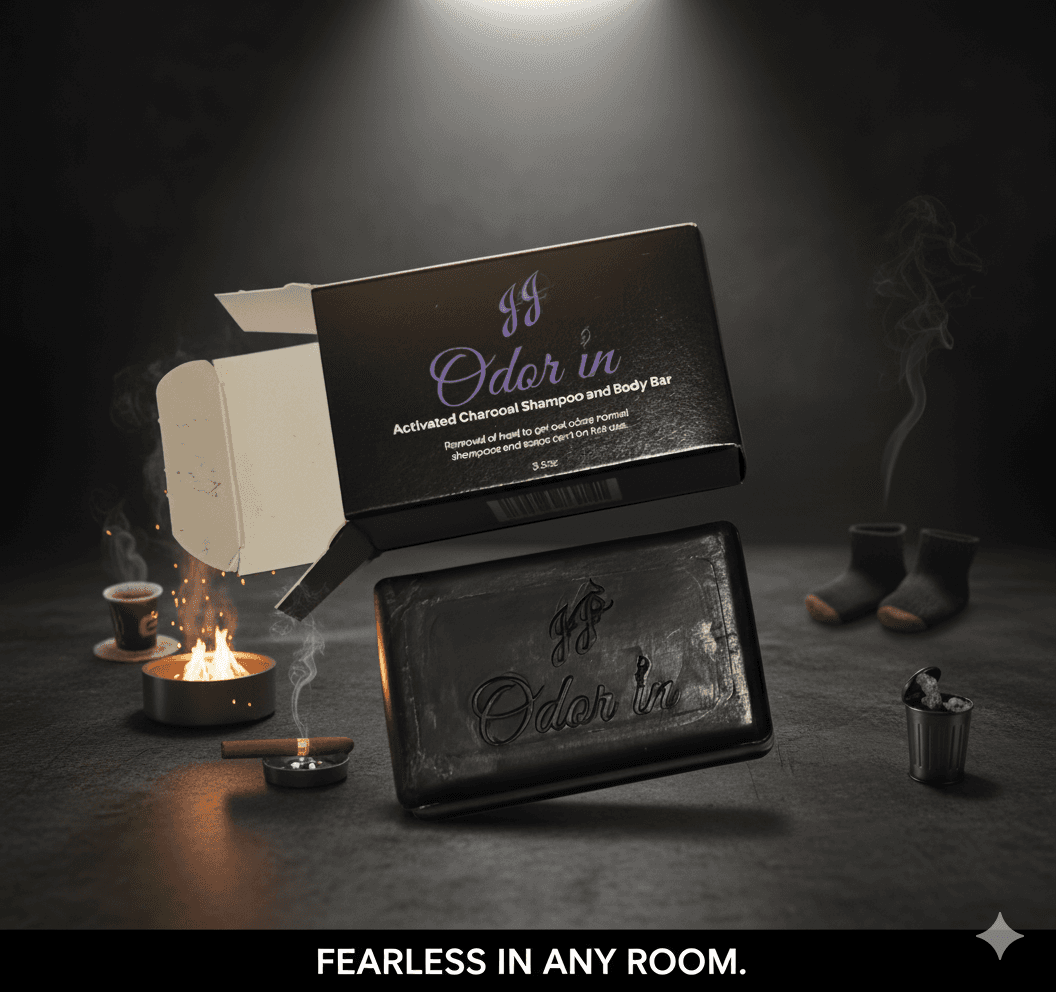 JJ Odorin Activated Charcoal Soap Bar product shot. Includes bar, box, and bonfire.