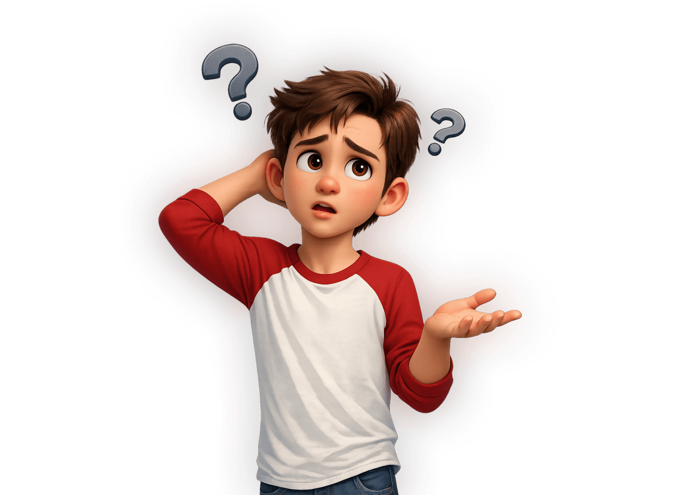 3D cartoon boy looking confused with question marks above his head, representing uncertainty or a question in a UI/UX help illustration.