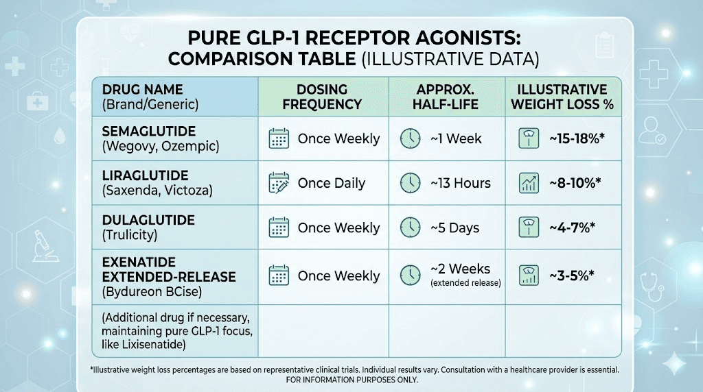 Pure GLP-1 agonist comparison chart showing semaglutide liraglutide dulaglutide exenatide