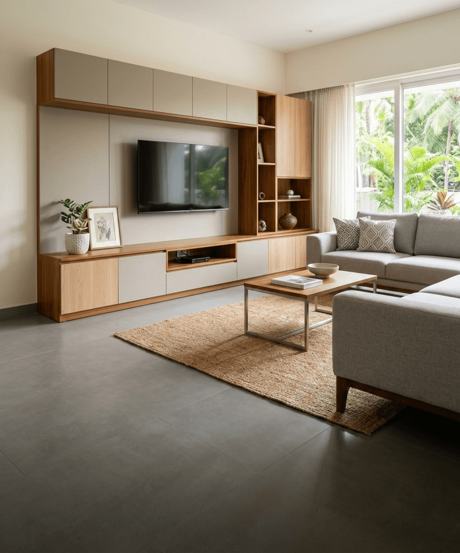 A modern house with large windows and a flat roof, surrounded by greenery against a clear blue sky.