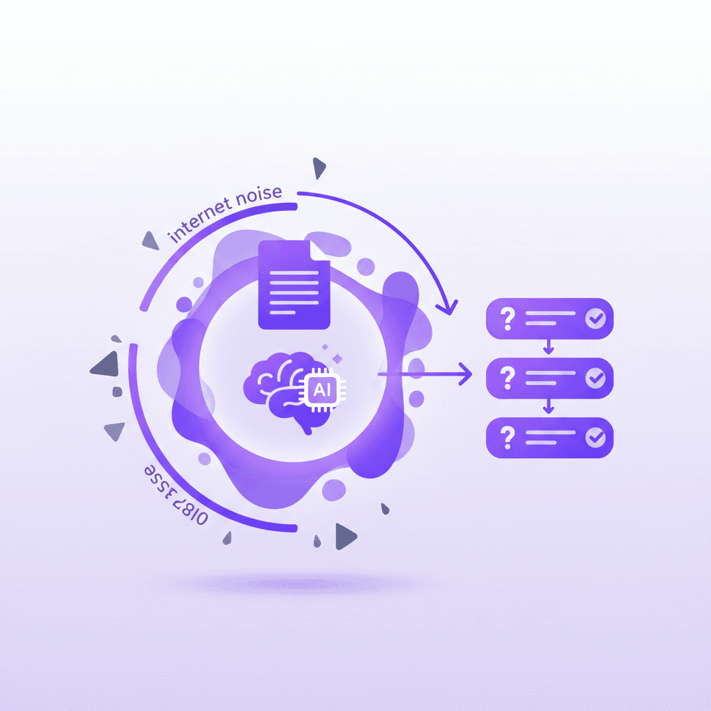 An infographic showing a document being uploaded into a secure system, blocking out external 'internet noise' and outputting a tailored quiz.