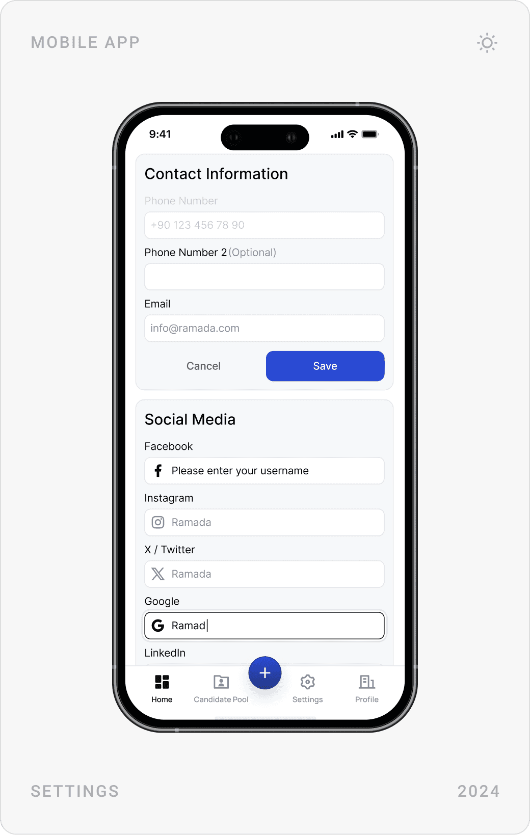 Modern Contact & Social Media Settings Mobile Design