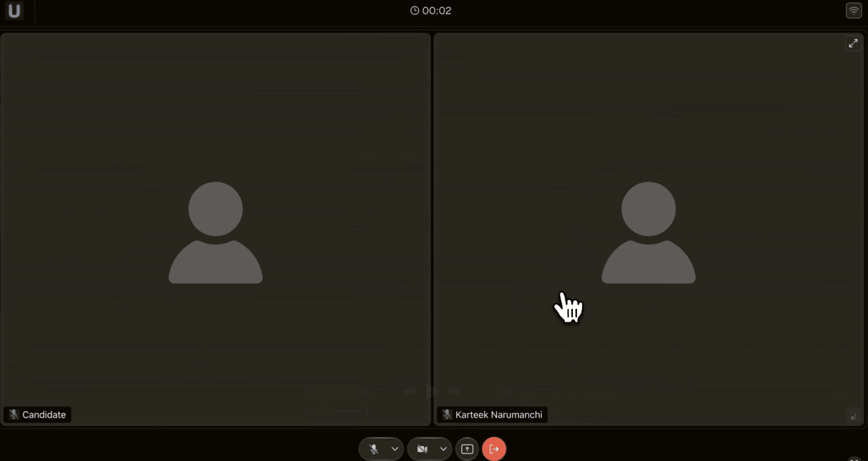 Candidate and interviewer video feeds upon joining the interview room