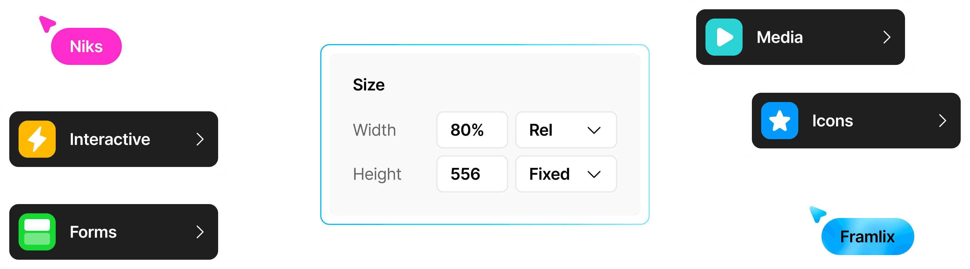 Flexible Framer design system components for Interactive elements, media, and forms with full size and responsive control.