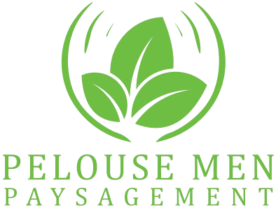 Logo officiel de Pelouse Men Paysagement avec feuille verte et typographie moderne.