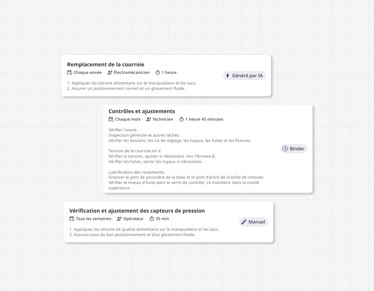 Generate personalized preventive maintenance plans with Binder, leveraging AI, manual entries, or automated processes to optimize equipment uptime and asset reliability.