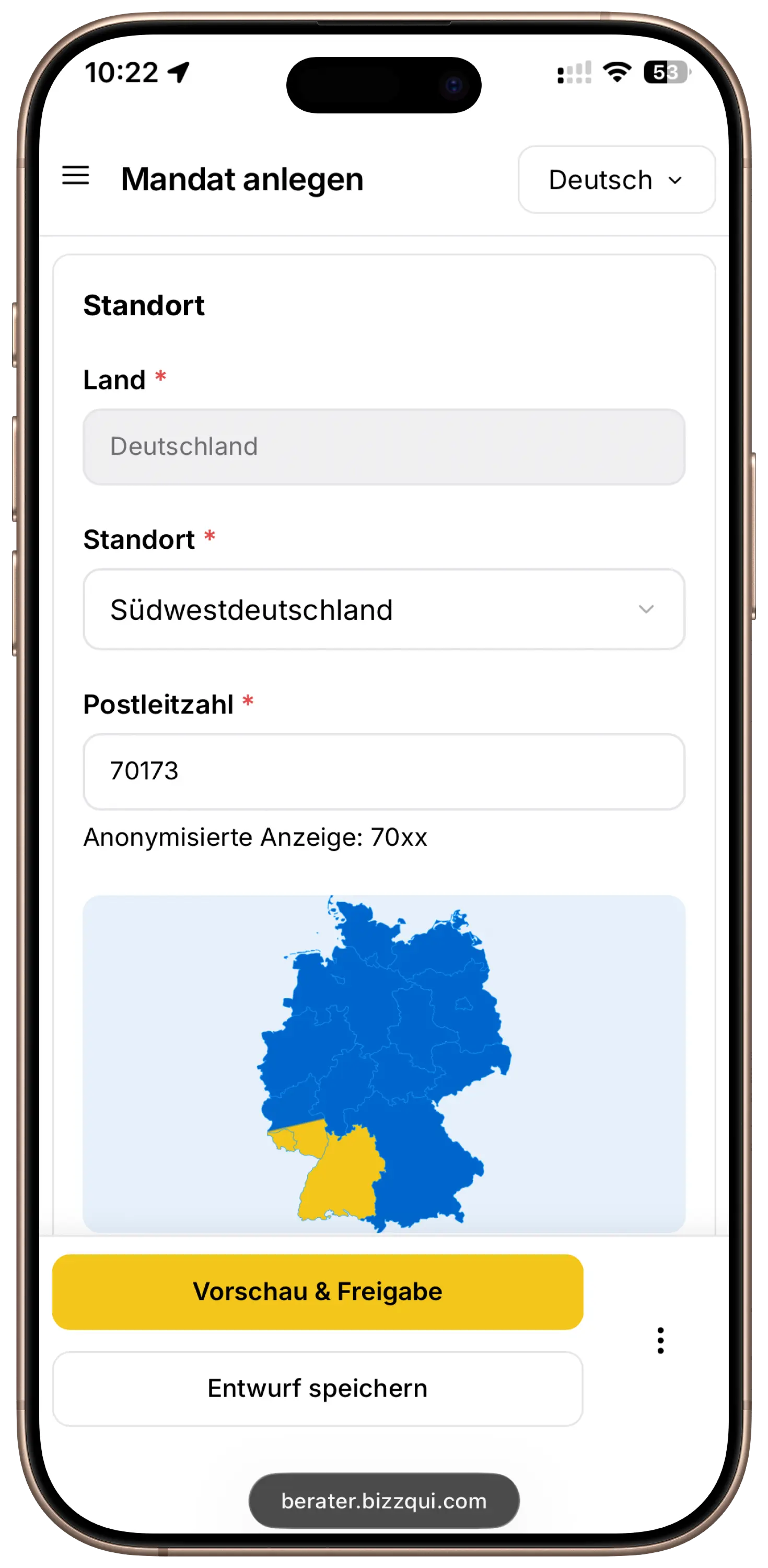 BIZZqui Beraterportal auf dem Smartphone: Nachfolgemandate mobil verwalten und Käufer für Betriebsübergaben unterwegs erreichen