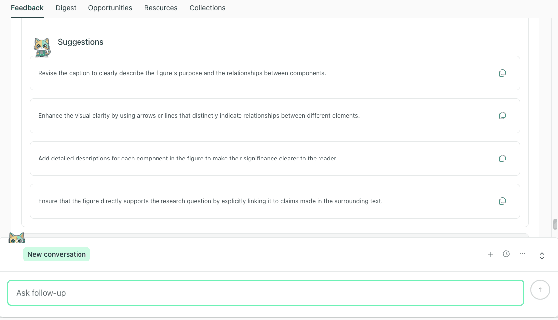 thesify figure feedback suggestions list showing actionable revision steps after rubric checks for integration, presentation, labeling, and research question support