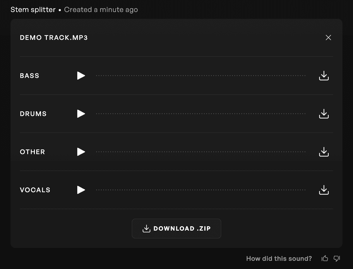 Separated stems with bass, drum, other, and vocal compoments.