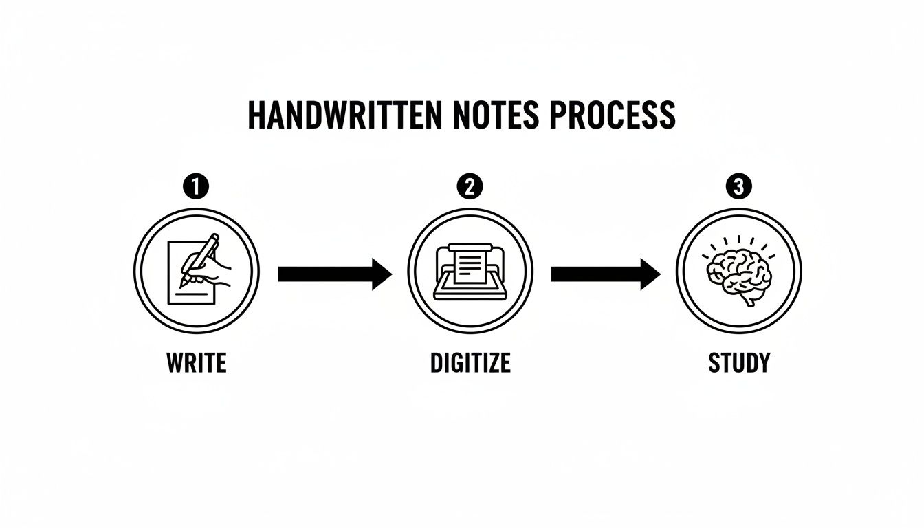 A three-step diagram illustrates the handwritten notes process: write, digitize, and study.