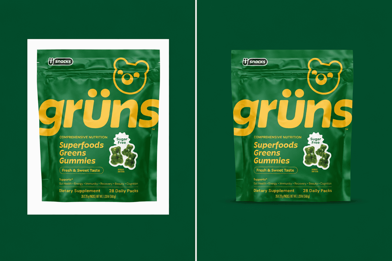 Ecommerce email design comparison: a Grüns pouch trapped in a white box on a green email section versus a transparent PNG of the same pouch sitting cleanly on green