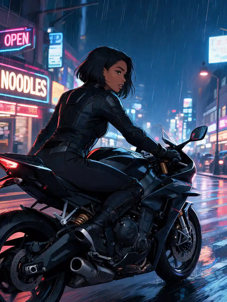 Un motard cyberpunk roulant à toute allure à travers une ville de néons la nuit