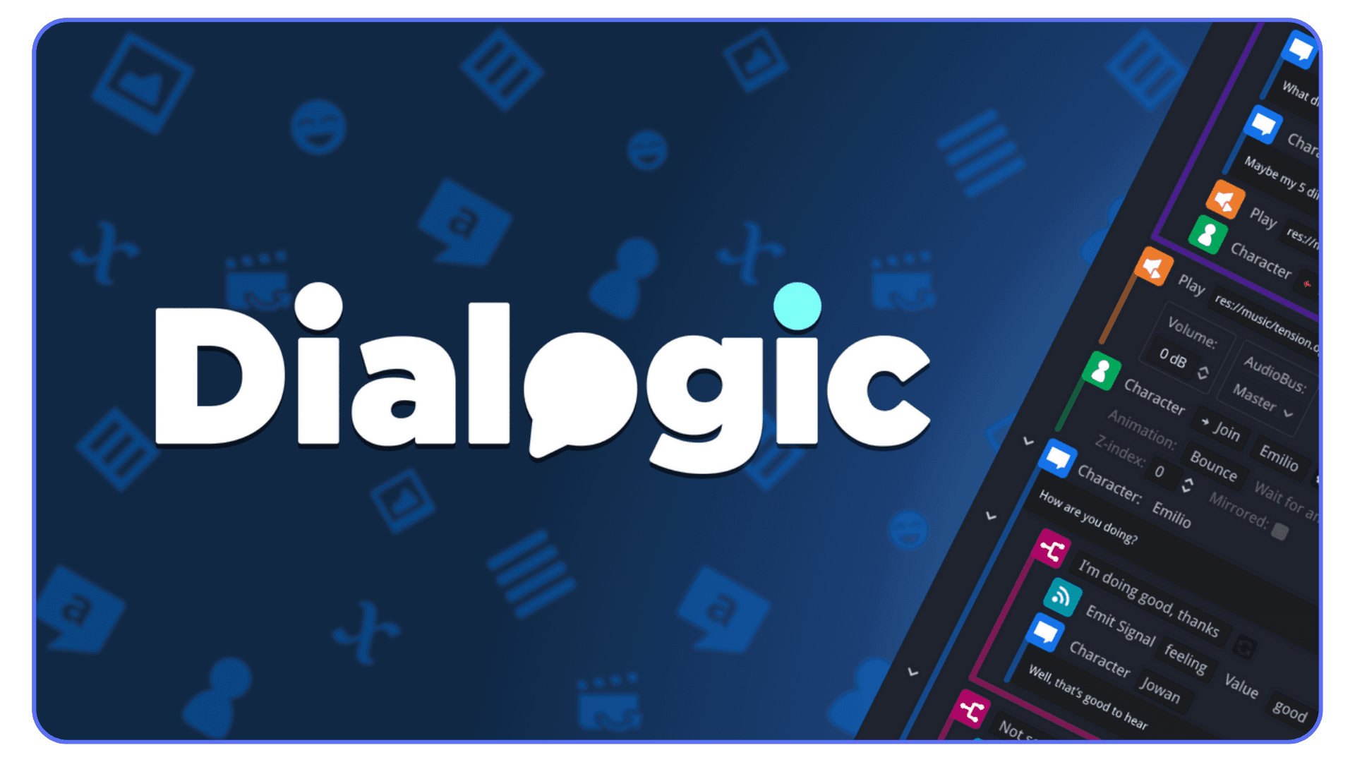 Dialogic plugin banner showing its logo and visual dialogue editor interface for building branching conversations in Godot.