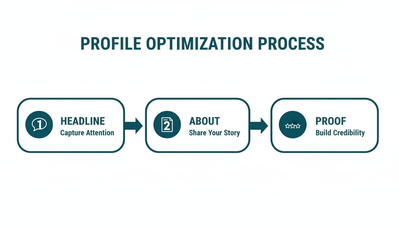 A three-step process for profile optimization, detailing headline, about section, and proof for credibility.