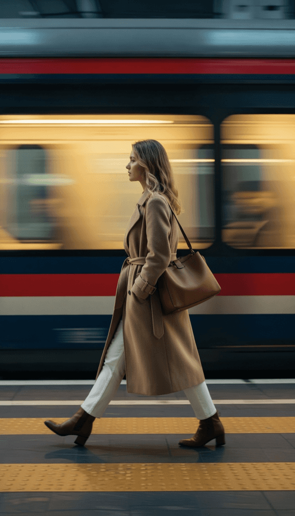 Woman walking past a moving train on a platform