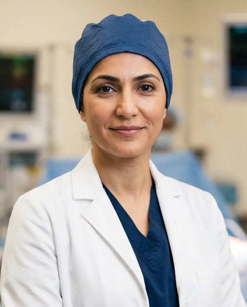 A female healthcare professional wearing a surgical cap, scrubs, and a white coat looks at the camera in a clinical setting, with medical equipment softly blurred in the background.