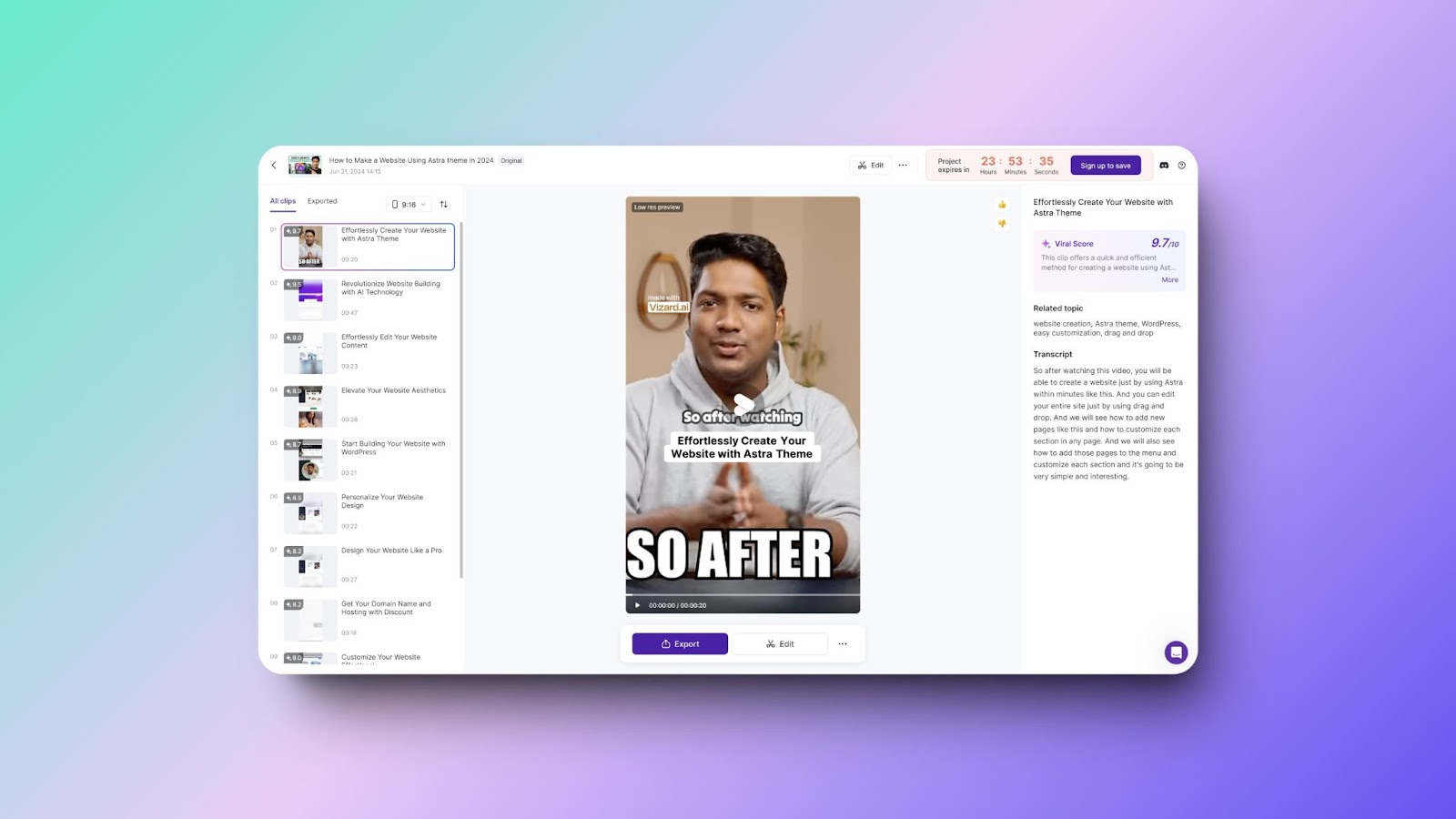 
Vizard video editing interface showcasing clips of a tutorial on creating websites using the Astra theme, with a focus on ease and customization.