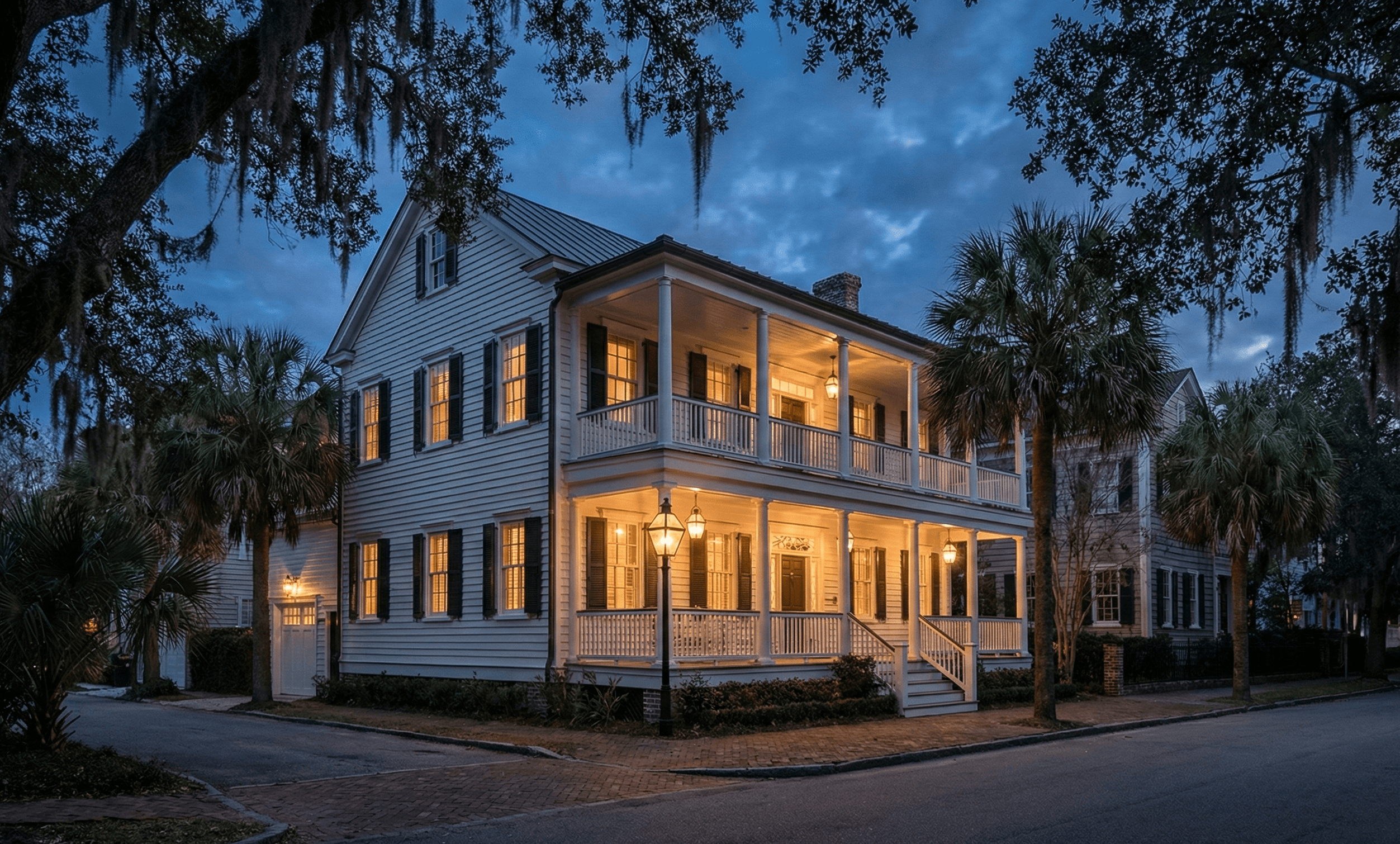 A classic Charleston house at blue hour with the lights shining out.