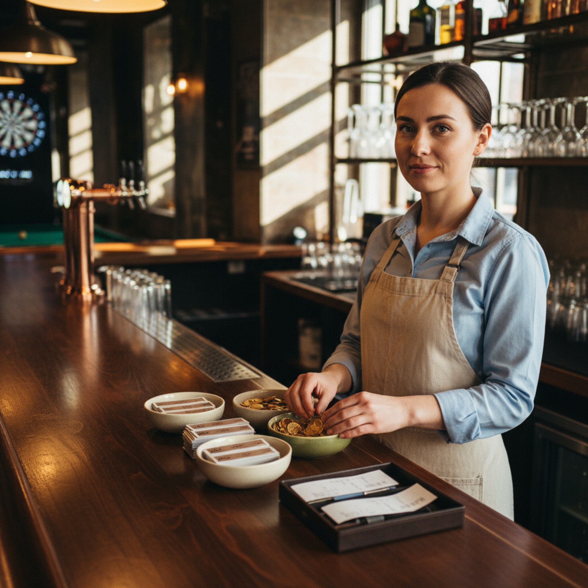 Hinter der Bar werden Jetons und sauber gezählte Spielzeitenkarten in kleine Schalen gelegt. Eine Mitarbeiterin ordnet Quittungsblöcke und Stifte, ohne Geräte sichtbar. Warme Beleuchtung trifft auf dunkles Holz, im Hintergrund klirren leise Gläser. Die Szene vermittelt Vorbereitung, Verbindlichkeit und professionellen Ablauf.