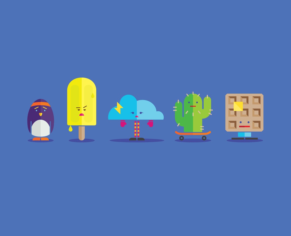 Five stylized cartoon characters are arranged horizontally against a solid blue background. From left to right: a penguin with a yellow popsicle face, a cloud with a yellow star, a cactus with spiky green protrusions, a skateboard with a green cactus, and a chocolate bar with a square yellow square.