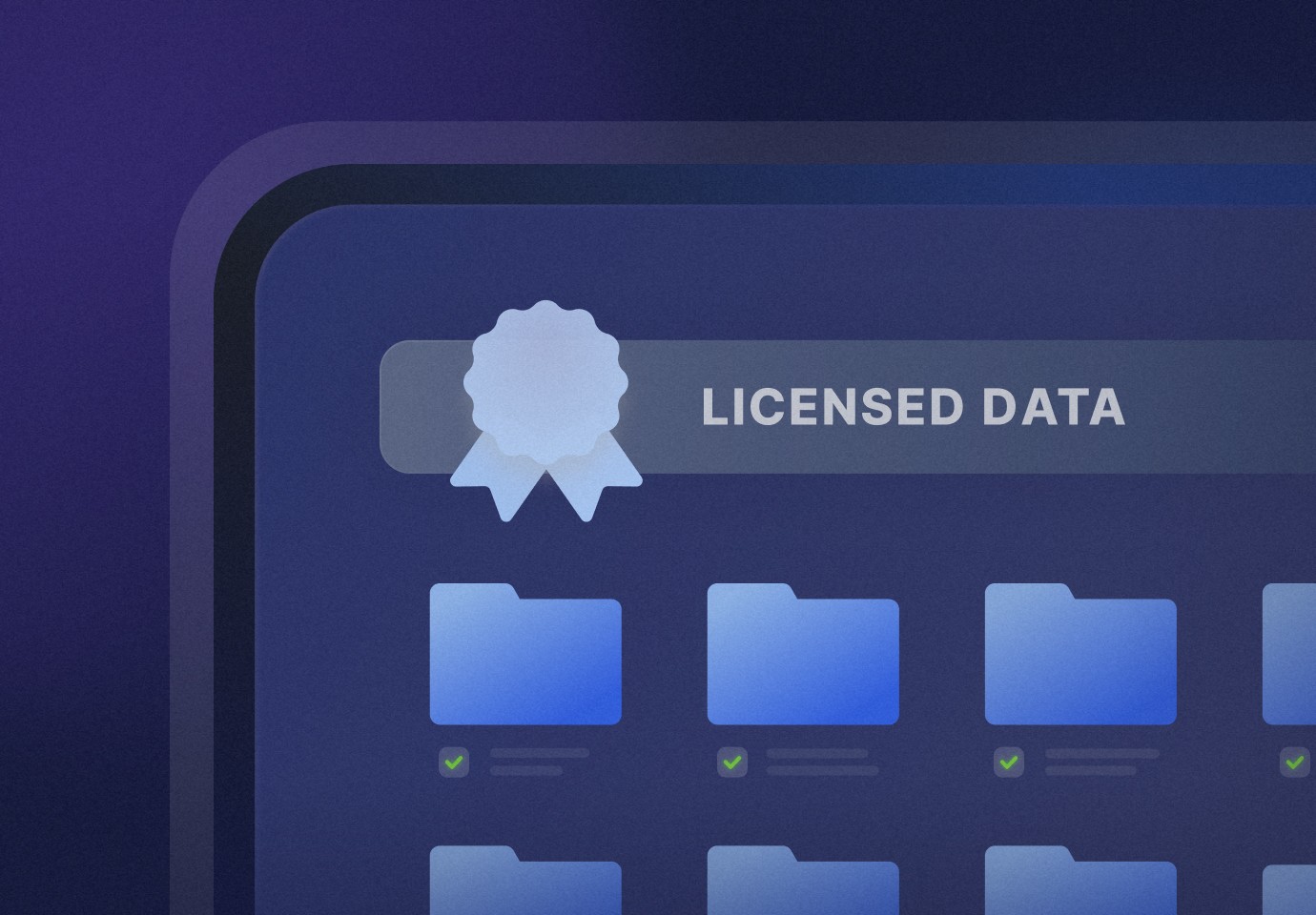 ‘LICENSED DATA’ 문구 아래에 인증 마크와 체크 표시가 있는 폴더들이 나열되어 있어, 라이선스가 확보된 데이터셋임을 시각적으로 보여주는 이미지