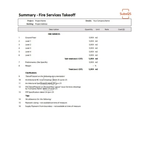 Screenshot - CostX Fire Safety Services Quantity Takeoff Report by SubsQS