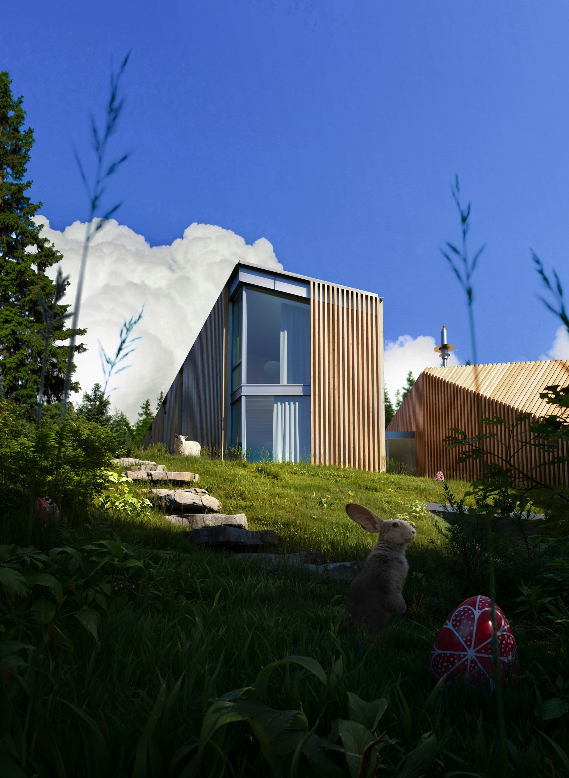 Cabin in a mountain area. Idyllic Easter scene