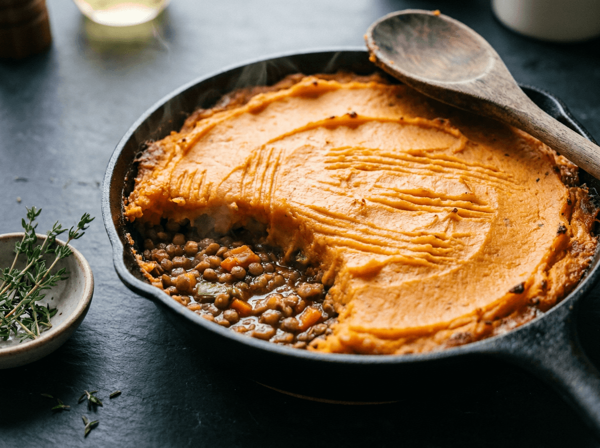 Cast-iron skillet lentil shepherd's pie with sweet potato mash topping