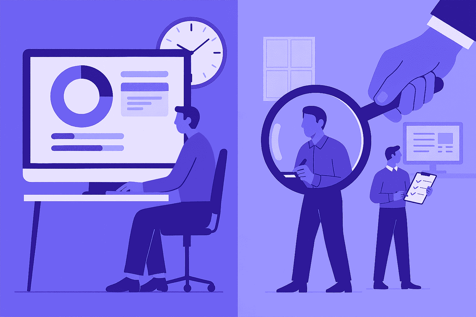 Abstract illustration contrasting time tracking and micromanagement, showing one side focused on productivity insights and the other on excessive oversight, symbolizing the balance between trust and control in the workplace.
