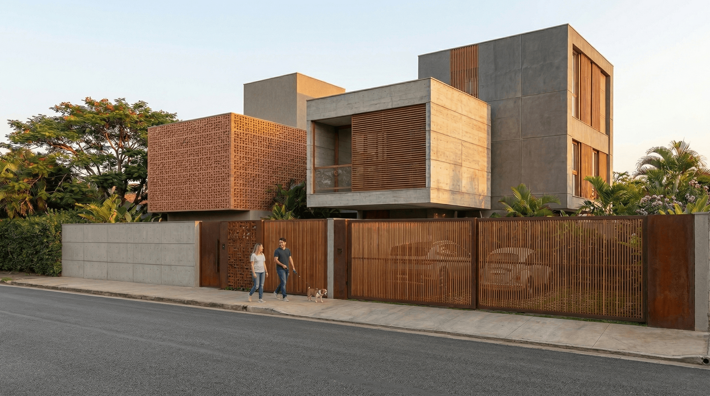 Fachada de sobrados contemporâneos com cobogó cerâmico, concreto aparente e brises em madeira no Residencial Argila