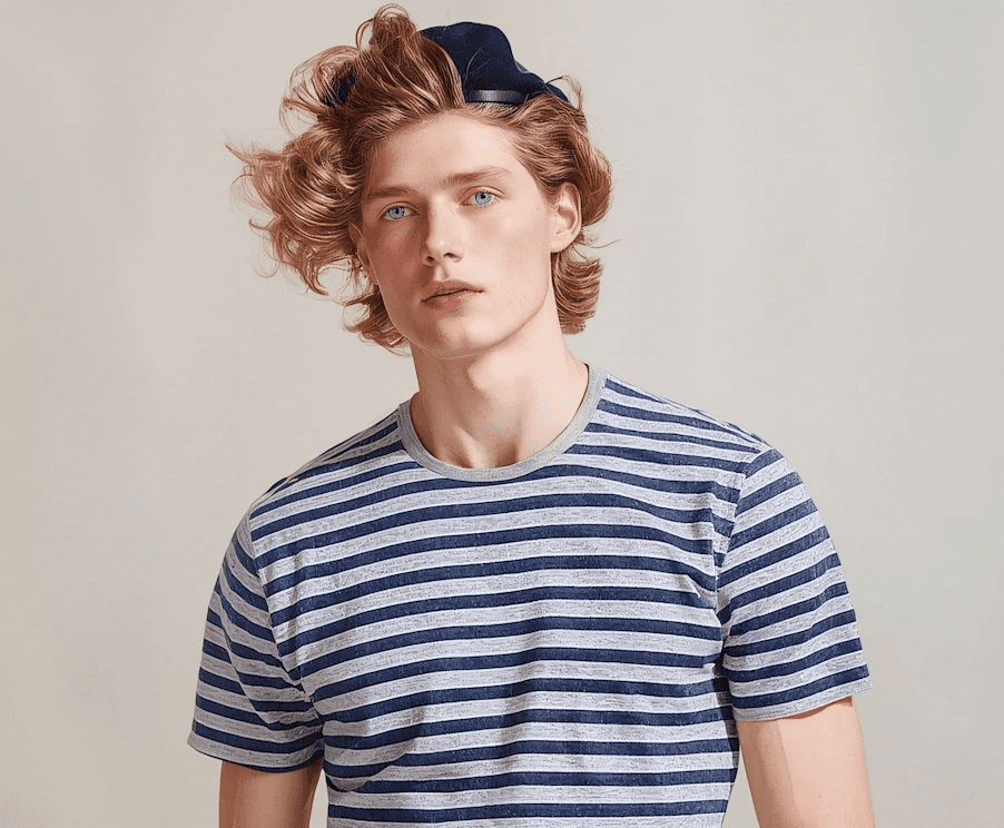 Young man wearing light blue textured button-up shirt