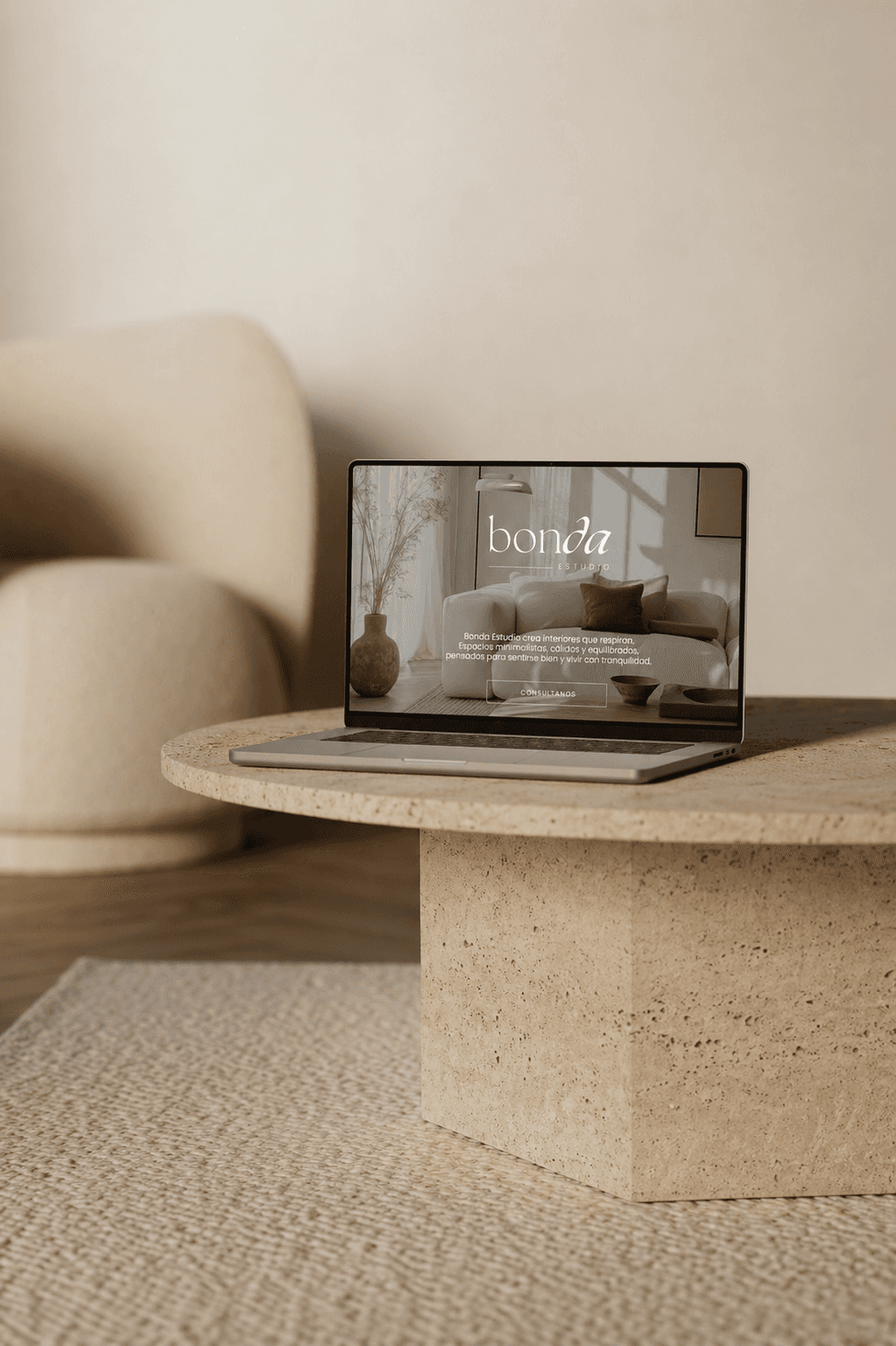 Minimal geometric scene with white spheres and pedestal against beige wall and bold red panel.