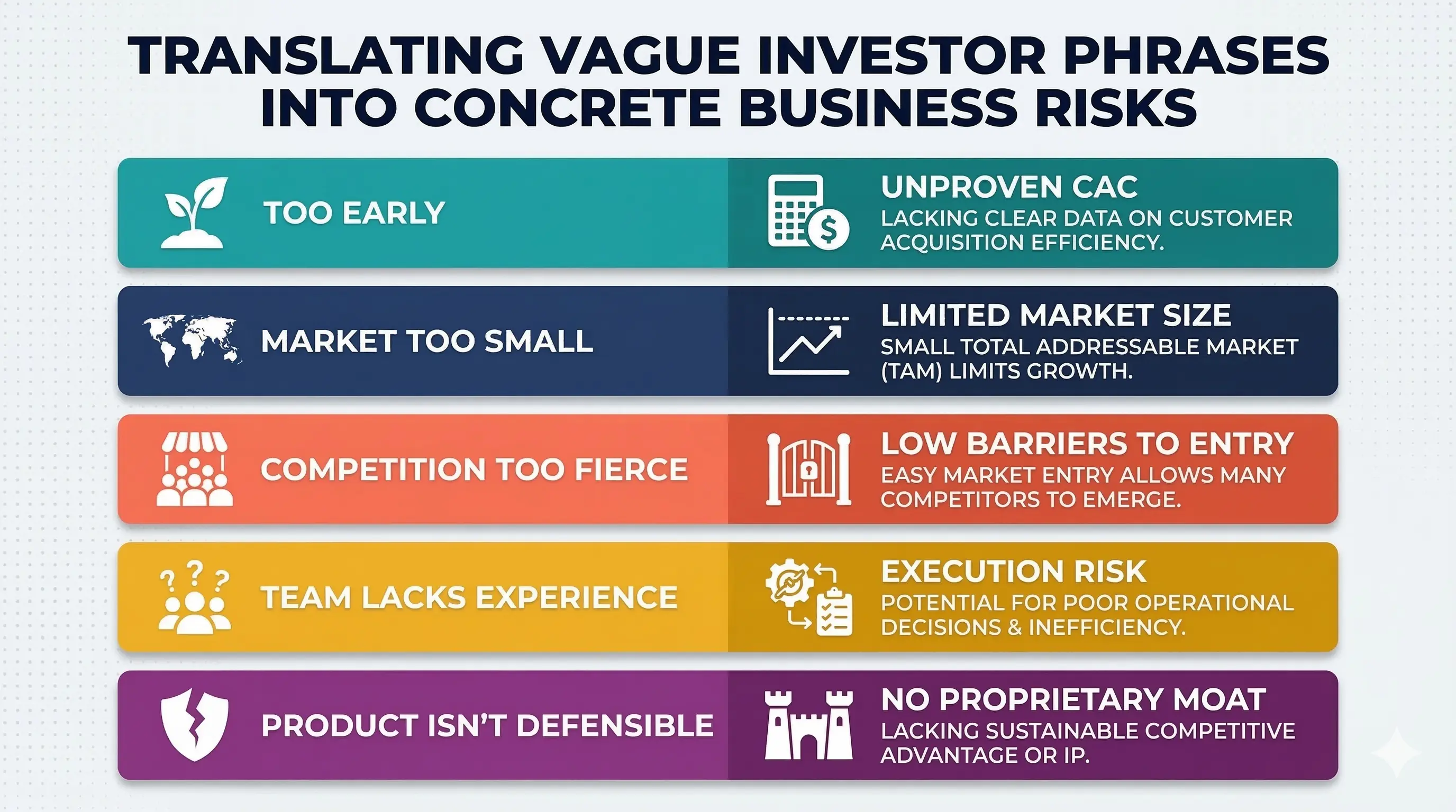 A graphic illustrating the translation of vague investor phrases into concrete business risks, such as translating "too early" into "unproven CAC."