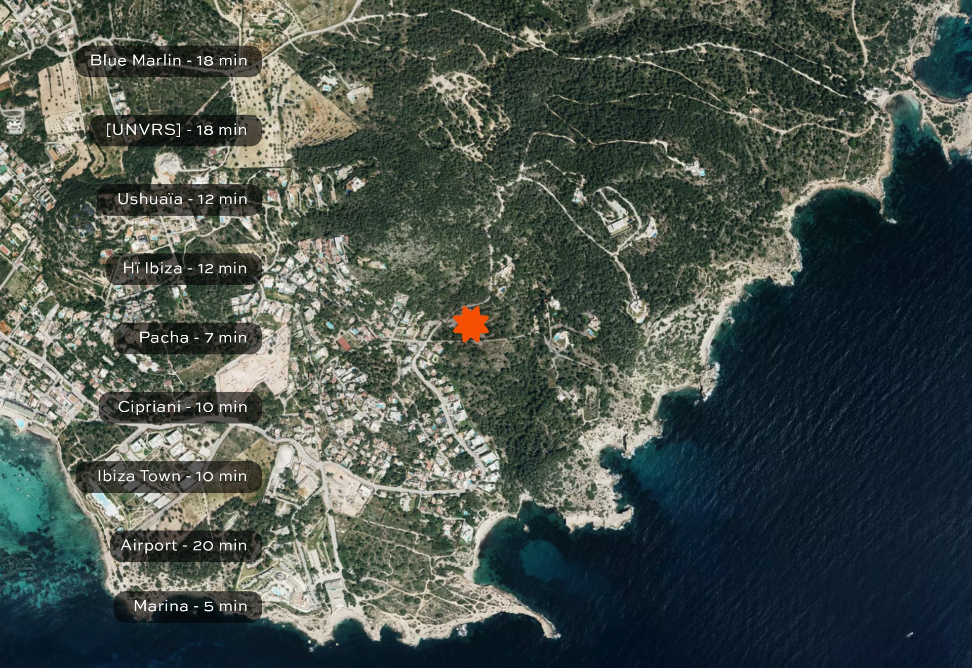 Ibiza satellite map showing Can Nemo location with travel times to airport, marina, Ibiza Town and nightlife.
