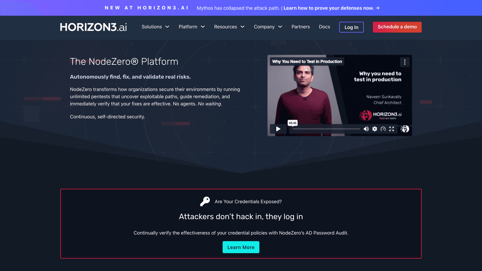NodeZero platform view showing autonomous attack paths, proof of exploit, and prioritized weaknesses across the live environment