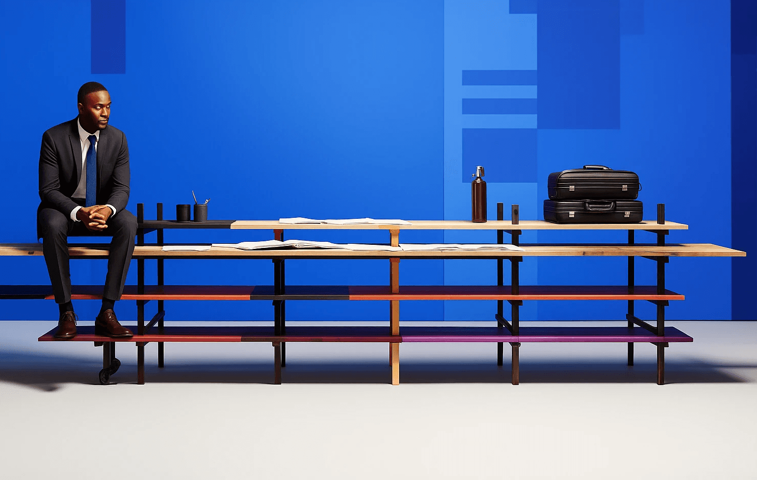 Man Sitting on a Table Next to Papers and Some Suitcases