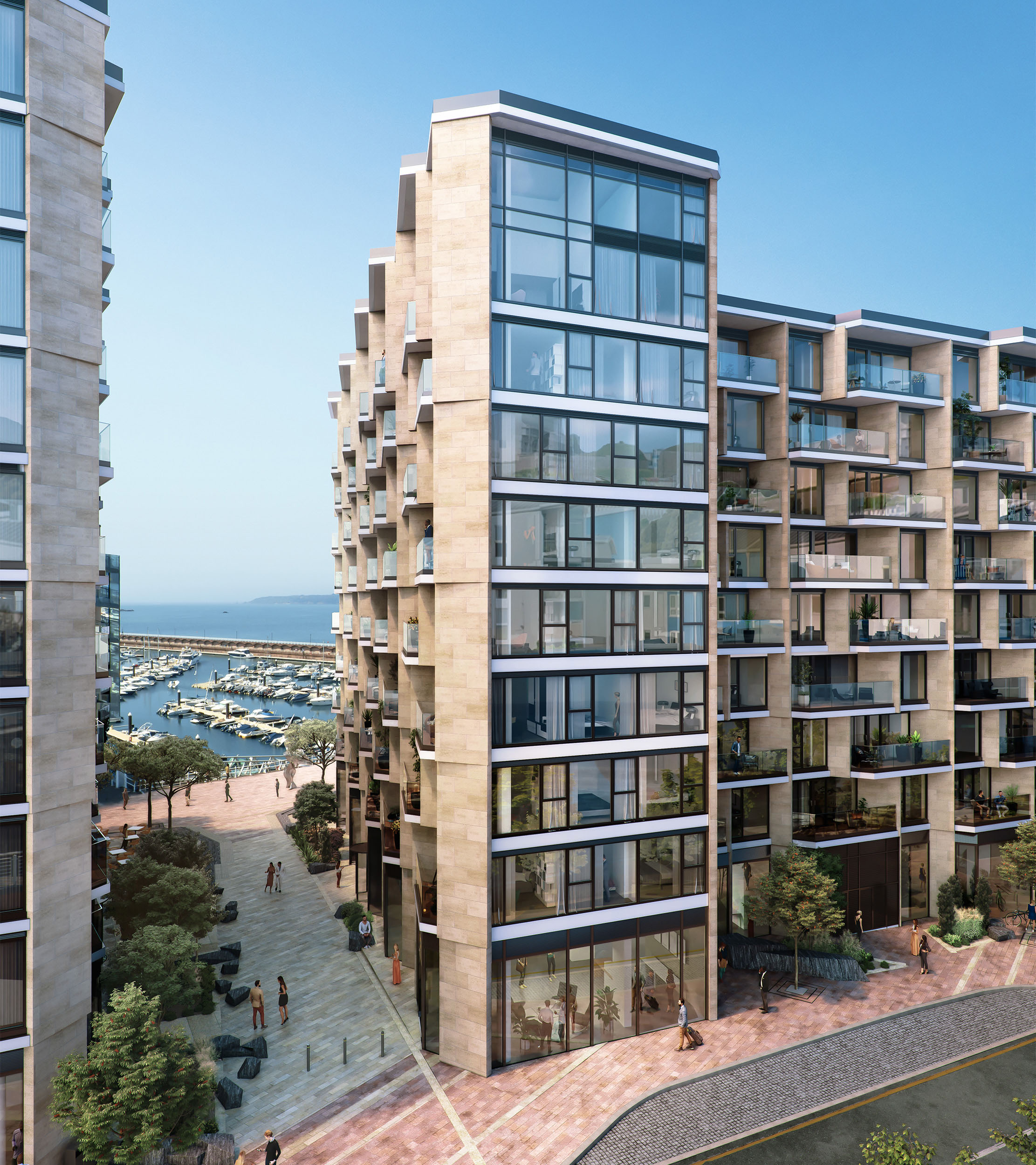 Architectural CGI render of modern waterfront property.