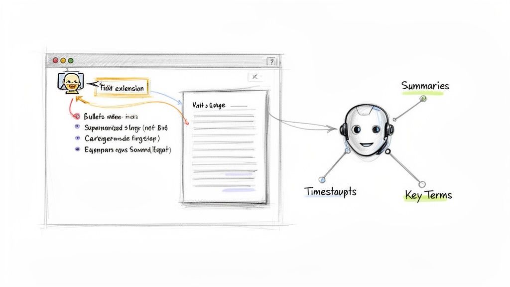 A sketch illustrating a browser extension feeding content to an AI robot that generates summaries, timestamps, and key terms.