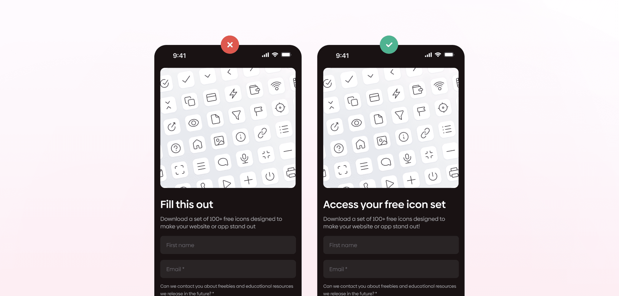 Side-by-side comparison of two mobile lead capture screens offering a free icon set, with one marked incorrect (red X) and the other correct (green check), showing improved headline clarity and value-focused messaging in the second version.