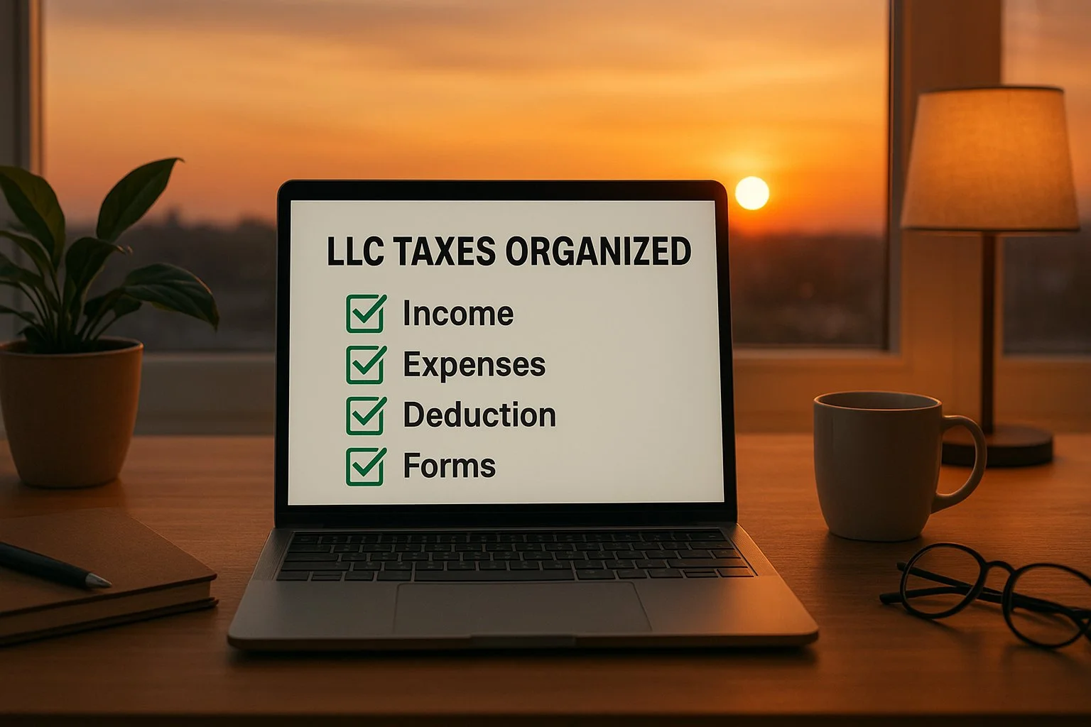 Peaceful workspace at sunset with an open laptop displaying a completed “LLC Taxes Organized” checklist, symbolizing calm and compliance.