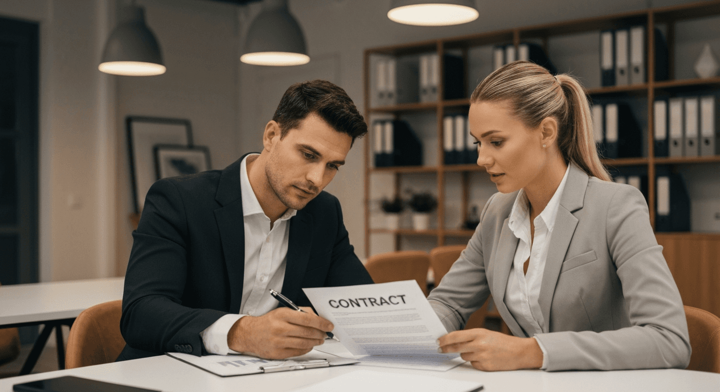 Business people negotiating contract