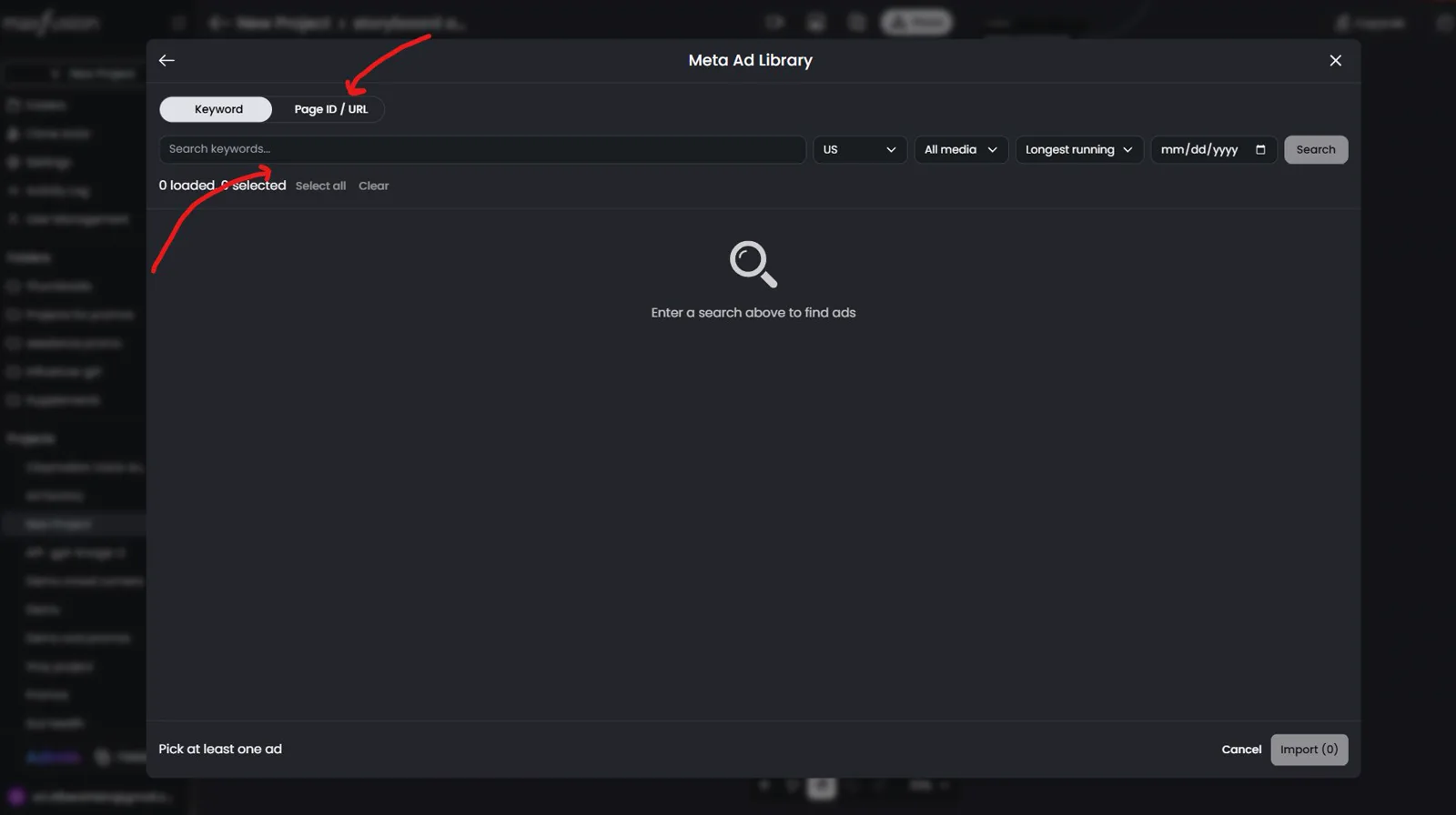 Meta Ad Library modal in Maxfusion Workflows: query by keyword or by Page ID / URL