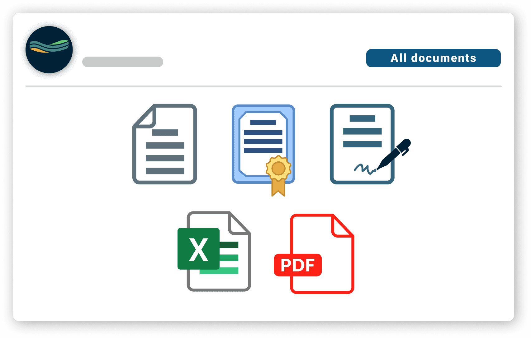 A digital interface displays icons representing different document types, including a certified file, a signed document with a pen, a plain text document, an Excel sheet, and a PDF file, suggesting diverse document management capabilities.