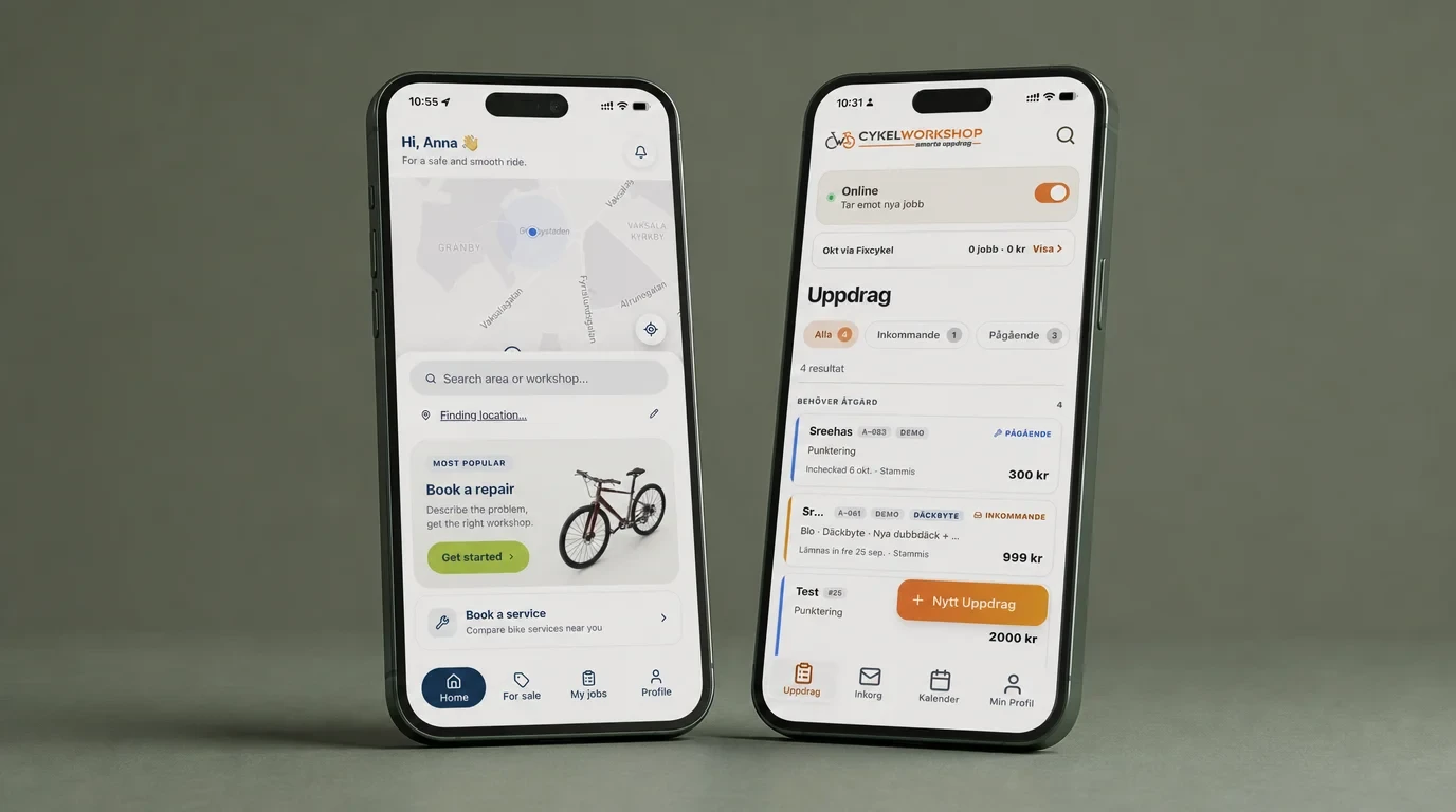 FixCykel cyclist app and Cykelworkshop mechanic app on two phones