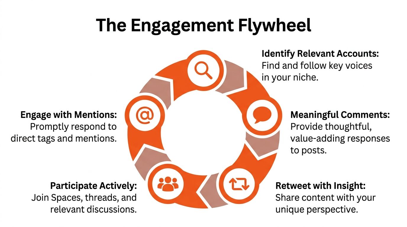 A circular diagram illustrating the engagement flywheel strategy for growth on the social media platform Twitter.