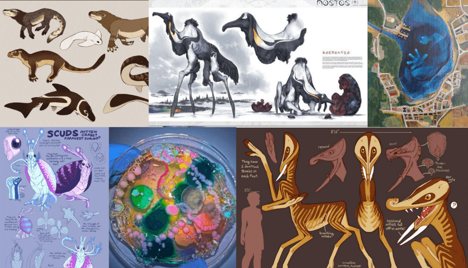 a moodboard of various mythical and fictional beasts, a painting of an aerial view of a giant lake person, an photography of colourful mold