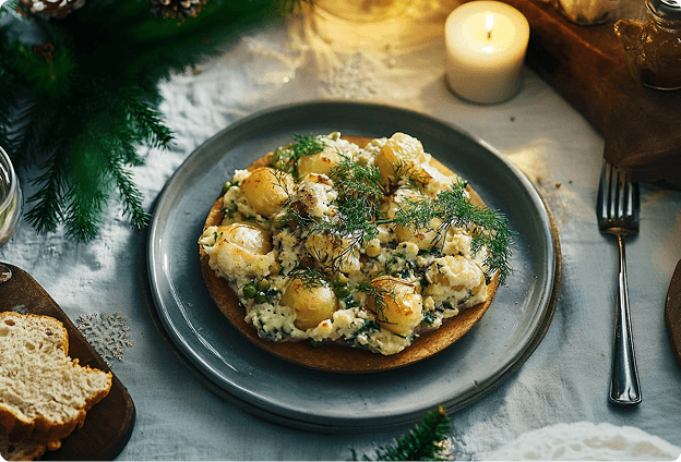 A hearty holiday side dish, possibly a potato salad or mash mixed with greens and herbs, heavily garnished with fresh dill, served on a gray plate amidst a festive table setting with fir branches and a lit candle.